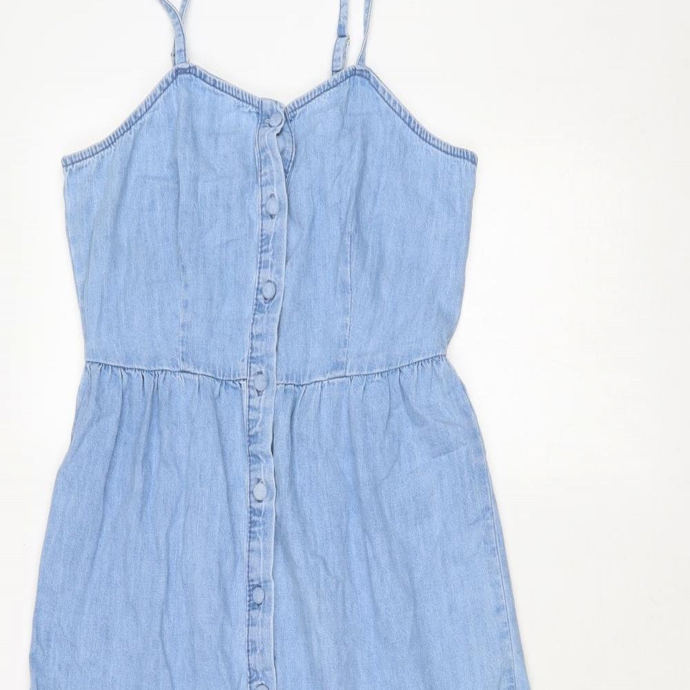 New Look Womens Blue Cotton Tank Dress Size 10 V-Neck Button