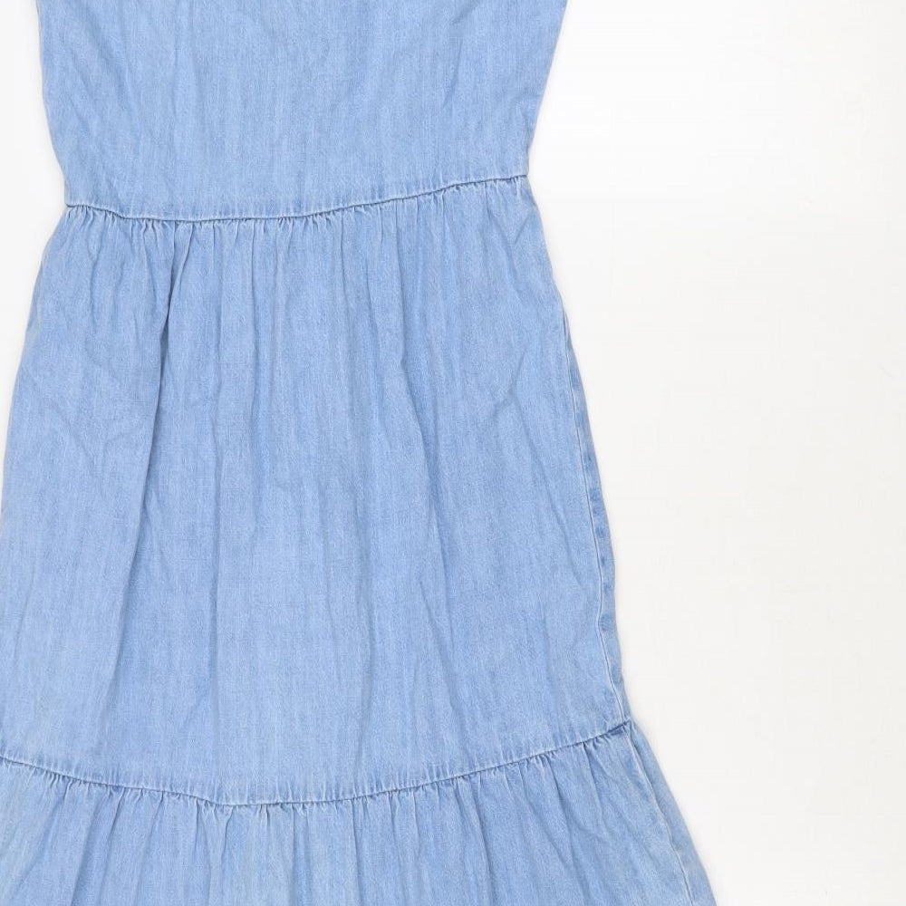 New Look Womens Blue Cotton Tank Dress Size 10 V-Neck Button