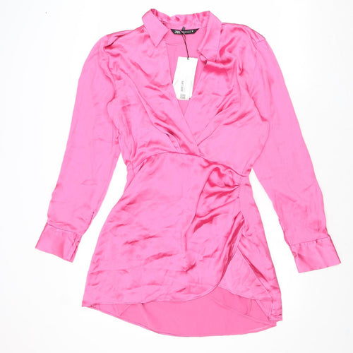 Zara Womens Pink Polyester Shirt Dress Size M Collared Zip