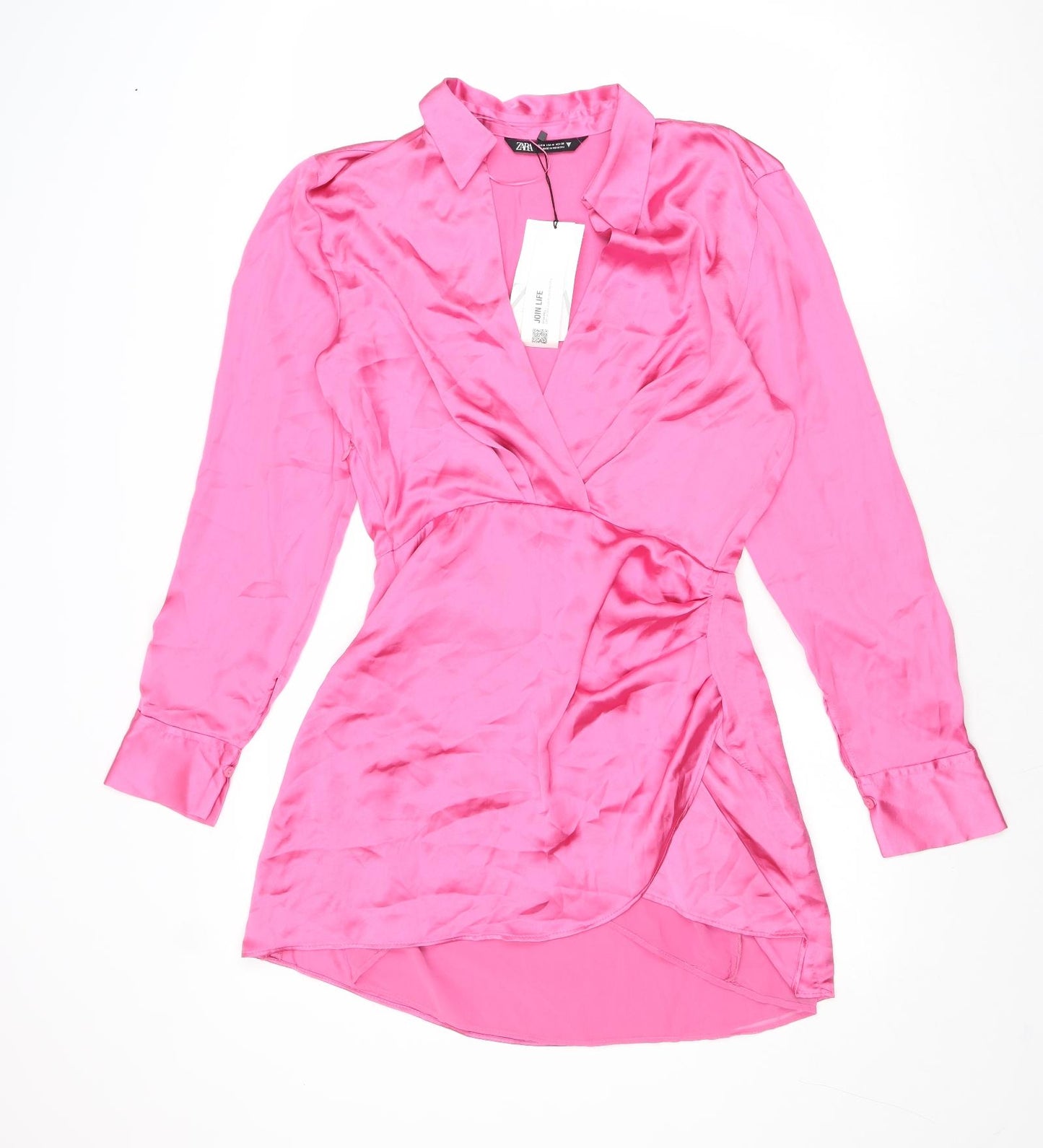 Zara Womens Pink Polyester Shirt Dress Size M Collared Zip