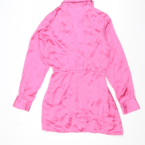 Zara Womens Pink Polyester Shirt Dress Size M Collared Zip