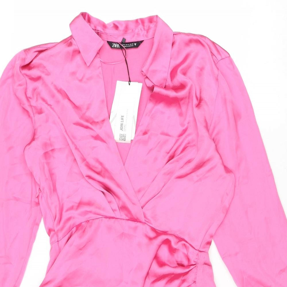 Zara Womens Pink Polyester Shirt Dress Size M Collared Zip
