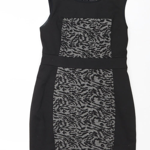 NEXT Womens Black Geometric Polyester A-Line Size 12 Round Neck Zip