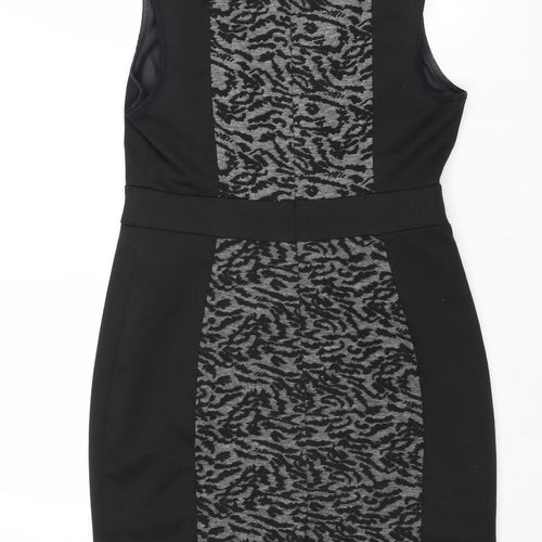 NEXT Womens Black Geometric Polyester A-Line Size 12 Round Neck Zip