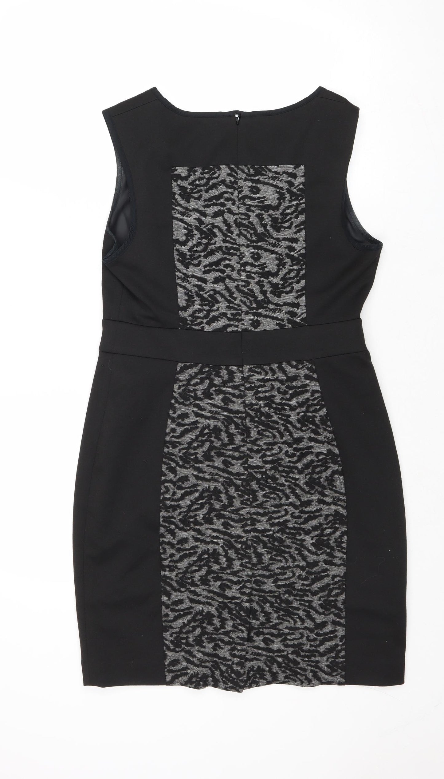 NEXT Womens Black Geometric Polyester A-Line Size 12 Round Neck Zip