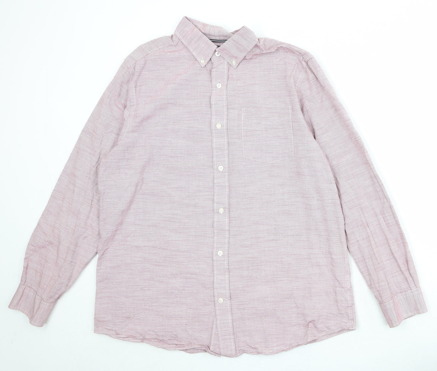 Maine Mens Pink Striped Cotton Button-Up Size L Collared Button