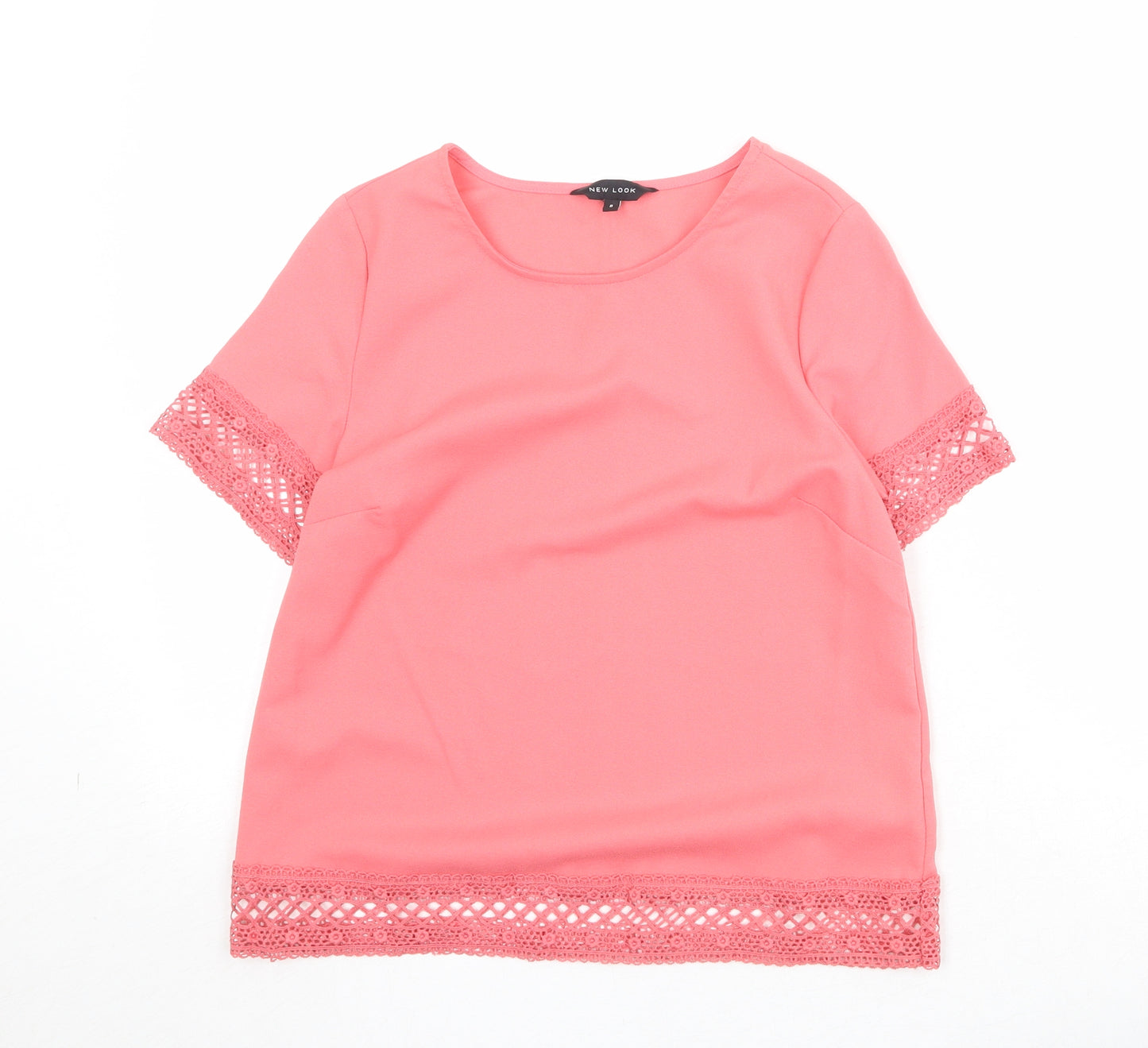 New Look Womens Pink Polyester Basic T-Shirt Size 6 Round Neck