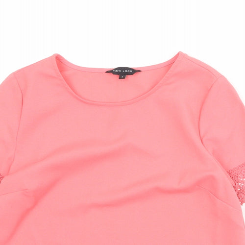 New Look Womens Pink Polyester Basic T-Shirt Size 6 Round Neck