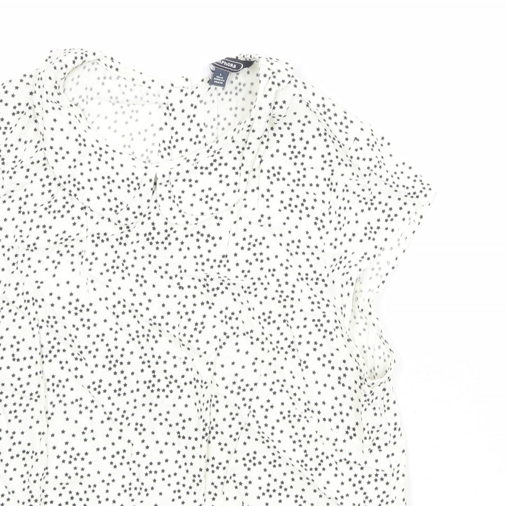 Amphora Womens Ivory Geometric Viscose Basic Blouse Size 14 Round Neck - Star Pattern