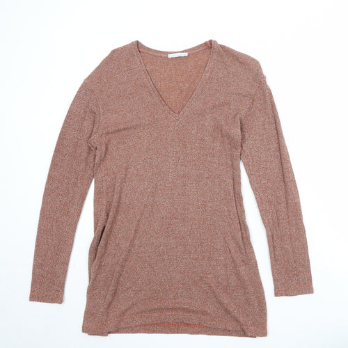Zara Womens Orange V-Neck Acrylic Pullover Jumper Size S