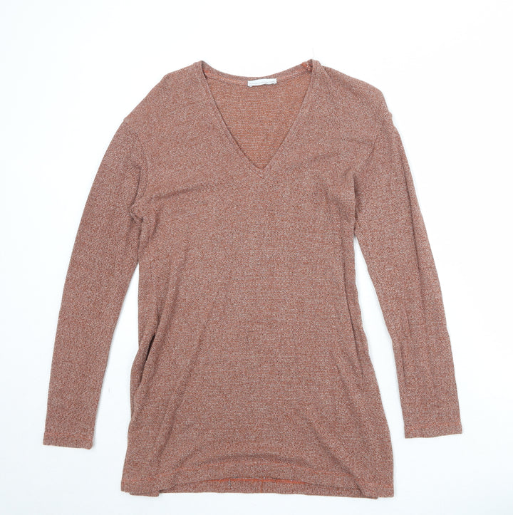 Zara Womens Orange V-Neck Acrylic Pullover Jumper Size S
