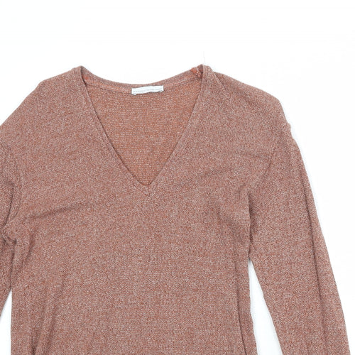 Zara Womens Orange V-Neck Acrylic Pullover Jumper Size S