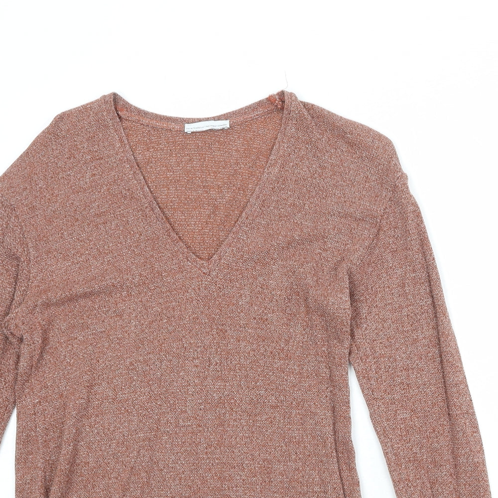Zara Womens Orange V-Neck Acrylic Pullover Jumper Size S