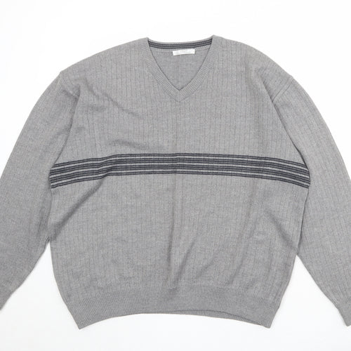 St Michael Mens Grey V-Neck Striped Wool Pullover Jumper Size L Long Sleeve