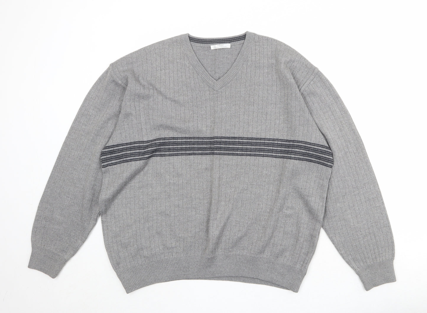 St Michael Mens Grey V-Neck Striped Wool Pullover Jumper Size L Long Sleeve