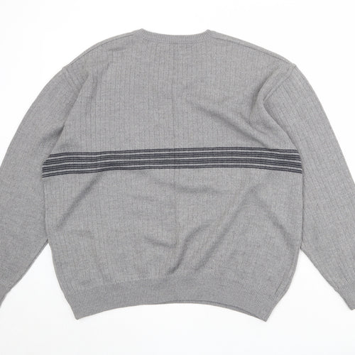 St Michael Mens Grey V-Neck Striped Wool Pullover Jumper Size L Long Sleeve