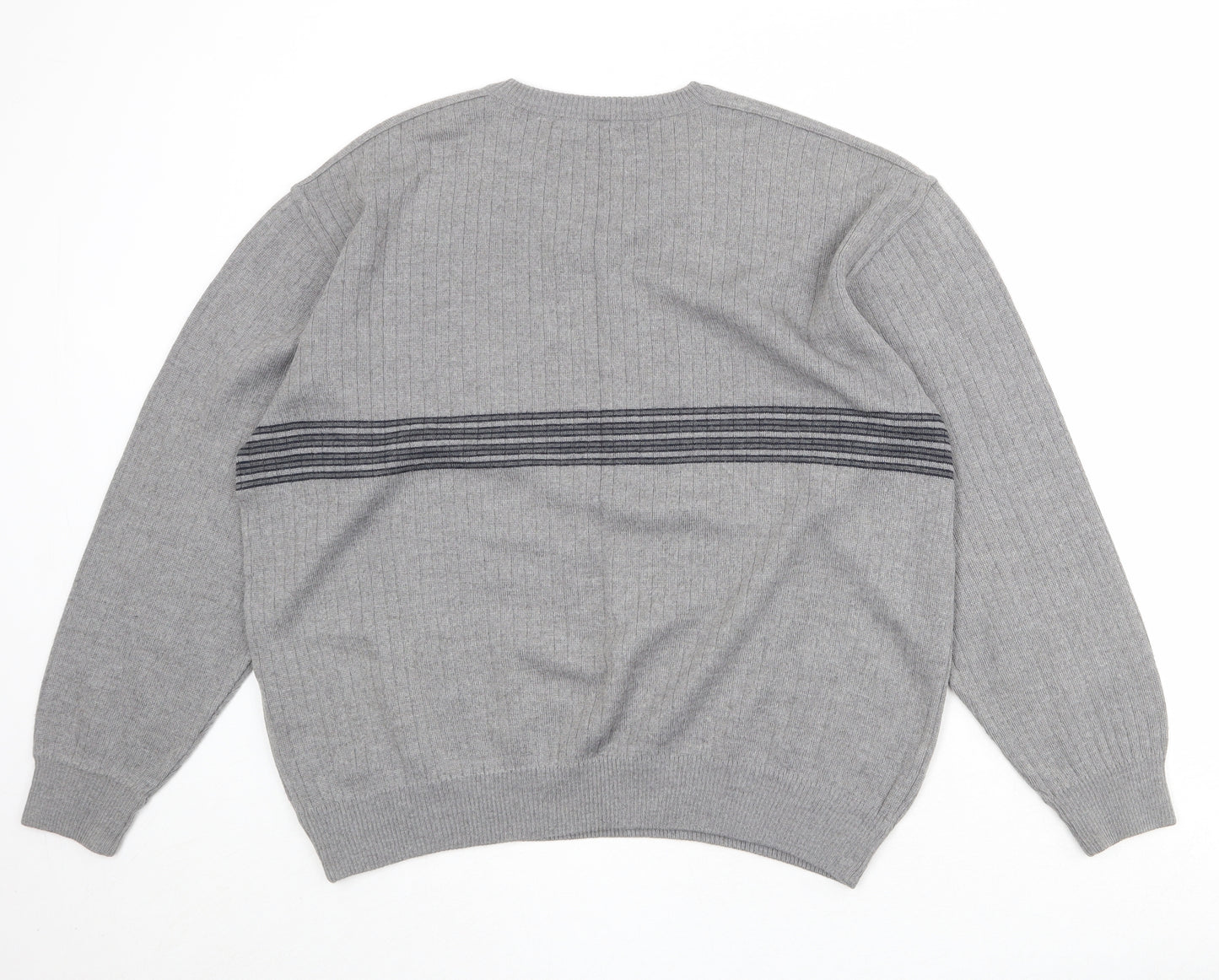 St Michael Mens Grey V-Neck Striped Wool Pullover Jumper Size L Long Sleeve