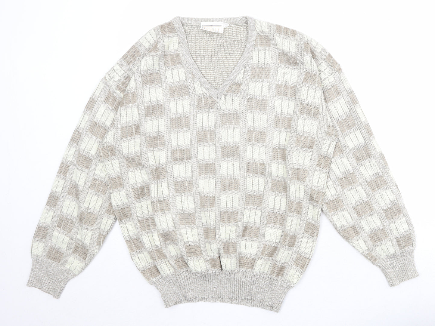 Morley Womens Beige V-Neck Geometric Acrylic Pullover Jumper Size 12