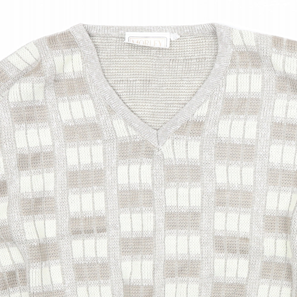 Morley Womens Beige V-Neck Geometric Acrylic Pullover Jumper Size 12