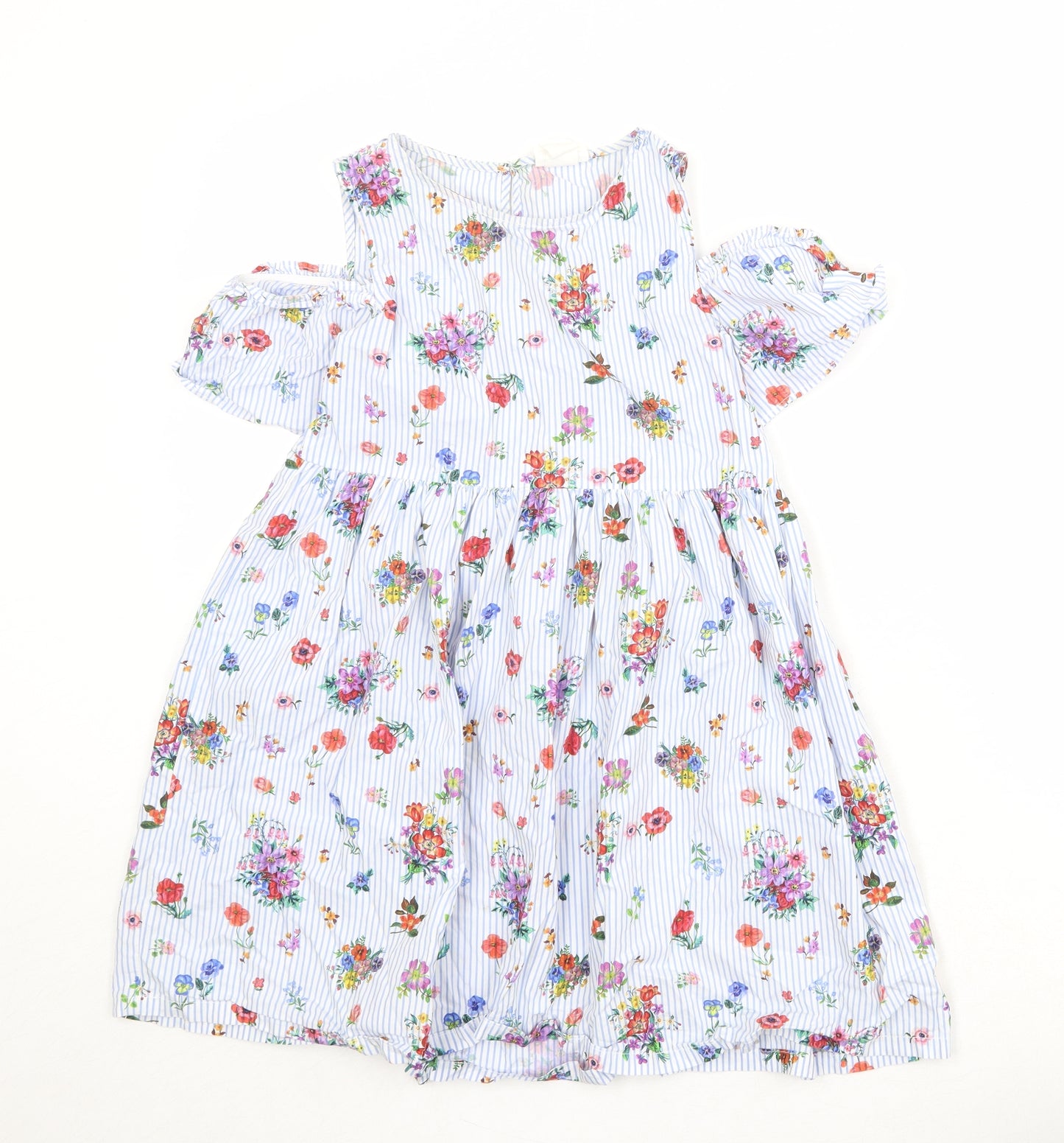 H&M Girls Multicoloured Floral Cotton T-Shirt Dress Size 9-10 Years Boat Neck Pullover - Cold Shoulder