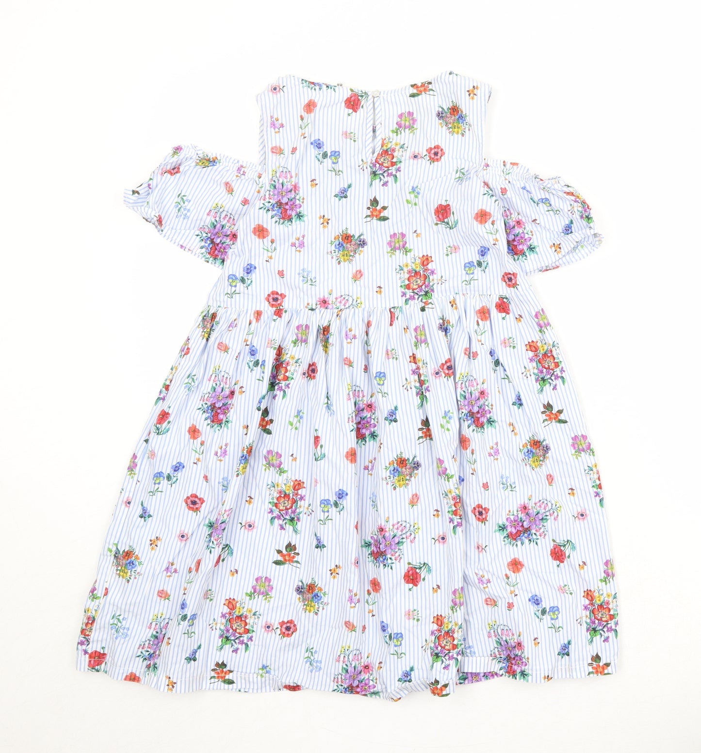 H&M Girls Multicoloured Floral Cotton T-Shirt Dress Size 9-10 Years Boat Neck Pullover - Cold Shoulder