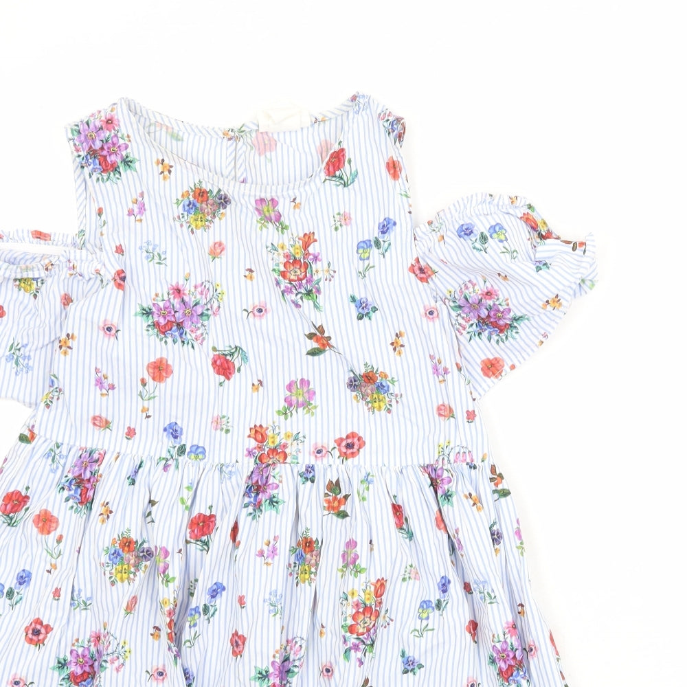 H&M Girls Multicoloured Floral Cotton T-Shirt Dress Size 9-10 Years Boat Neck Pullover - Cold Shoulder
