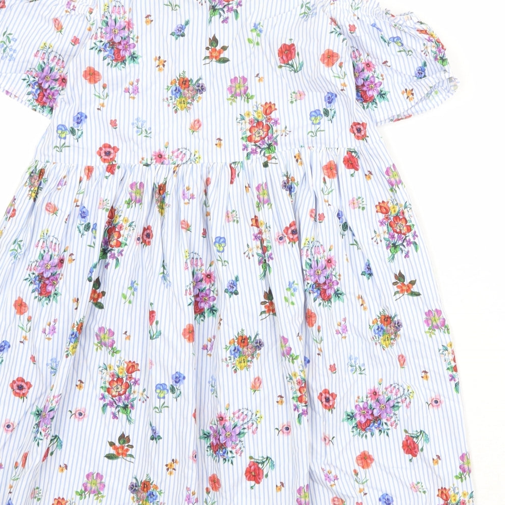 H&M Girls Multicoloured Floral Cotton T-Shirt Dress Size 9-10 Years Boat Neck Pullover - Cold Shoulder