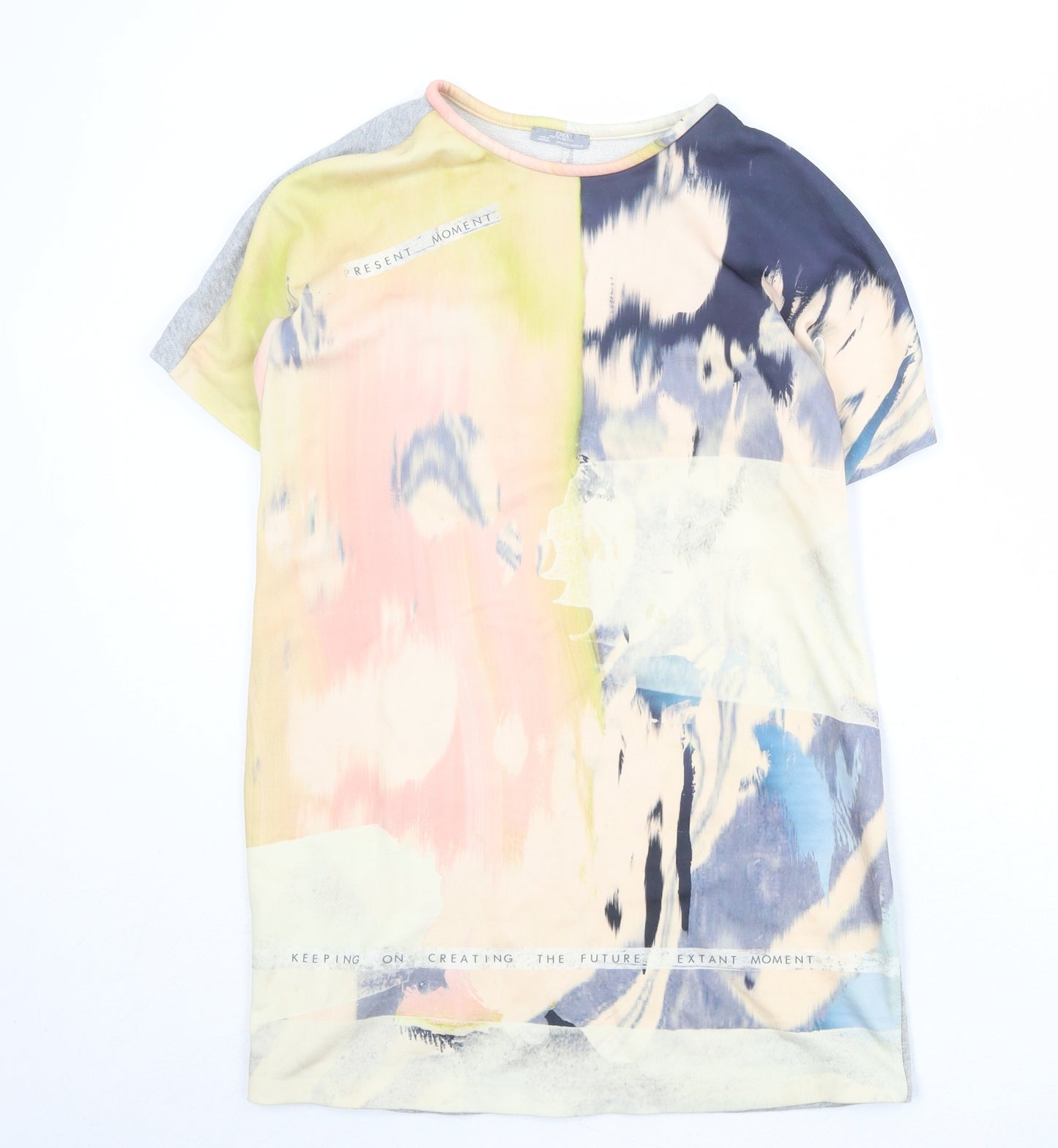 Zara Womens Multicoloured Geometric Polyester Basic T-Shirt Size M Round Neck