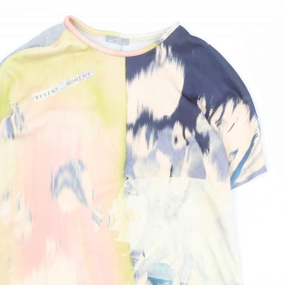 Zara Womens Multicoloured Geometric Polyester Basic T-Shirt Size M Round Neck