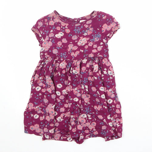 Debenhams Girls Purple Floral Viscose T-Shirt Dress Size 3-4 Years Boat Neck Button