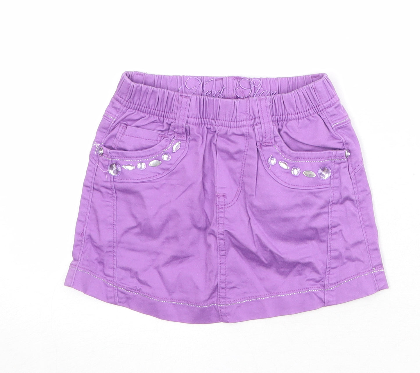 NEXT Girls Purple Cotton Mini Skirt Size 6 Years Regular Pull On - Embellished Pockets