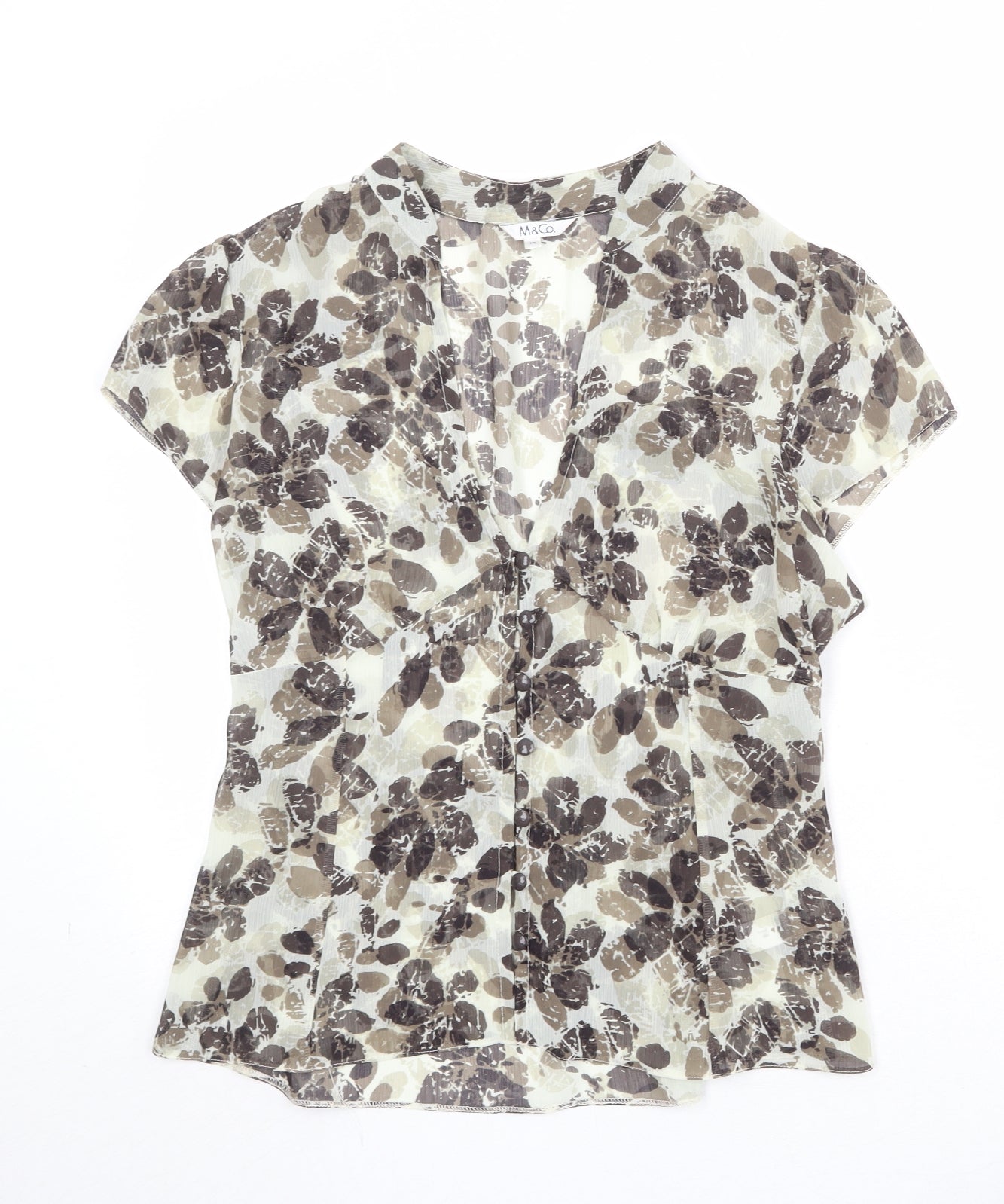 M&Co Womens Brown Geometric Polyester Basic Blouse Size 14 V-Neck