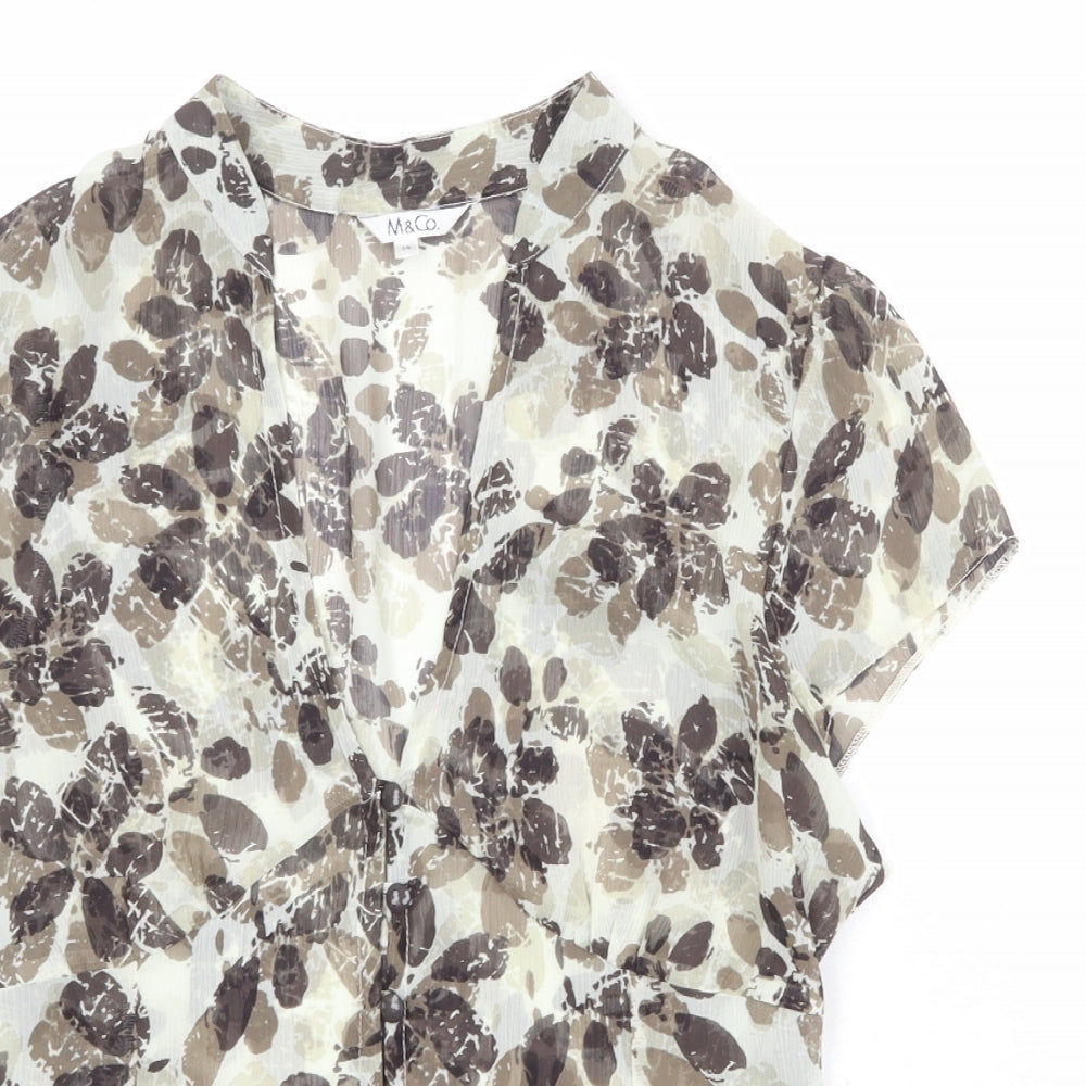 M&Co Womens Brown Geometric Polyester Basic Blouse Size 14 V-Neck