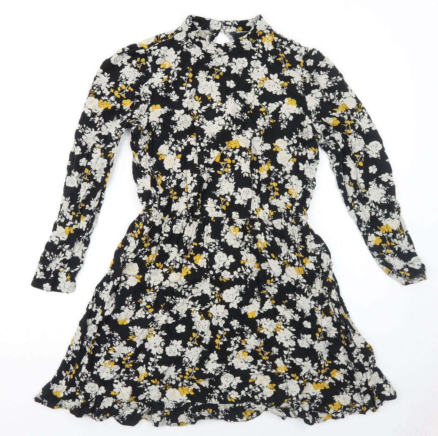 NEXT Womens Black Floral Viscose Skater Dress Size 12 Round Neck Button