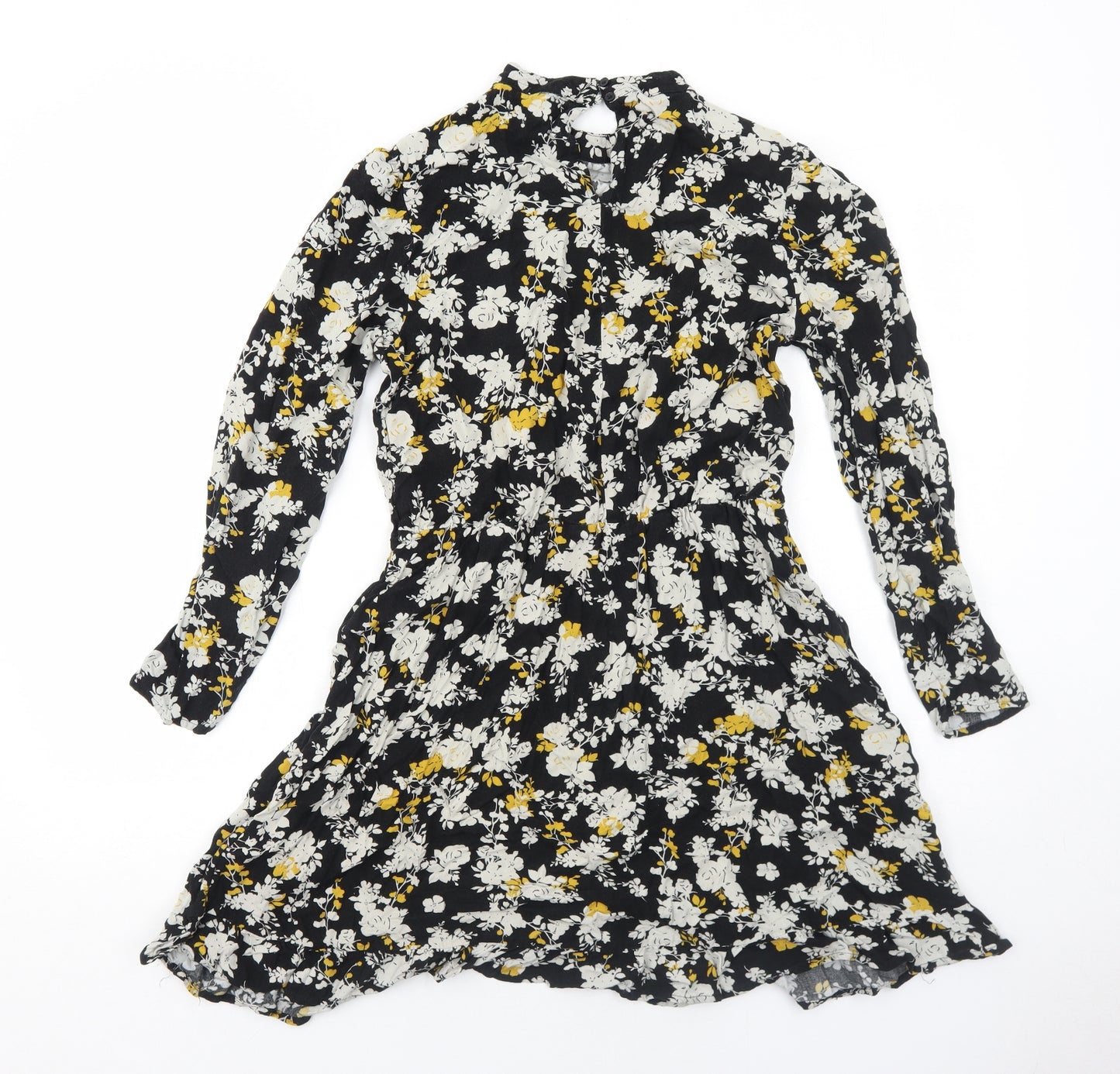 NEXT Womens Black Floral Viscose Skater Dress Size 12 Round Neck Button