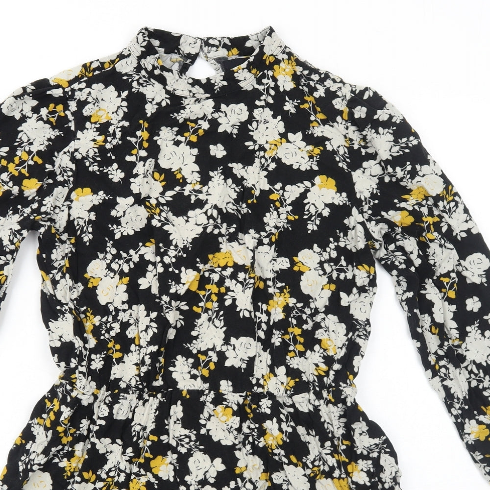 NEXT Womens Black Floral Viscose Skater Dress Size 12 Round Neck Button