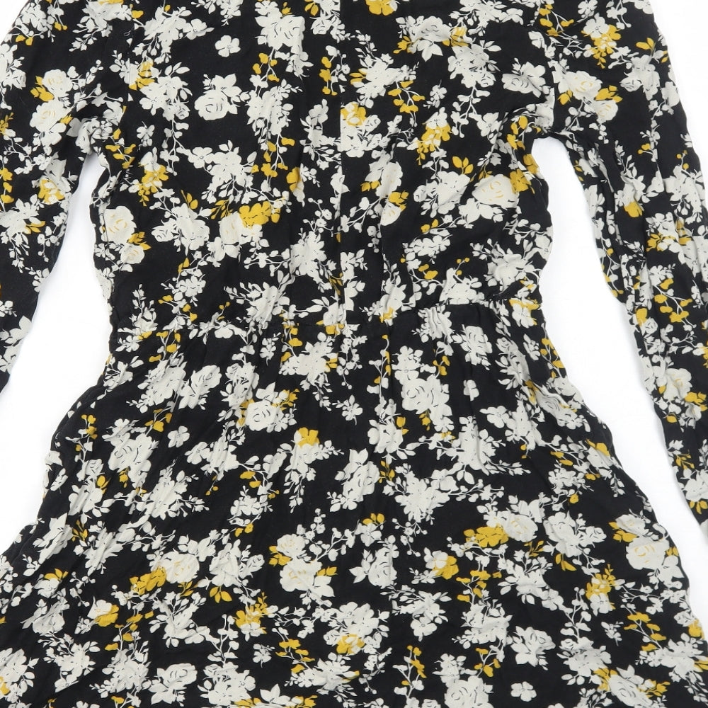 NEXT Womens Black Floral Viscose Skater Dress Size 12 Round Neck Button