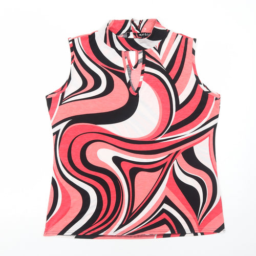 MARBLE Womens Red Geometric Polyester Basic Tank Size 4 Round Neck