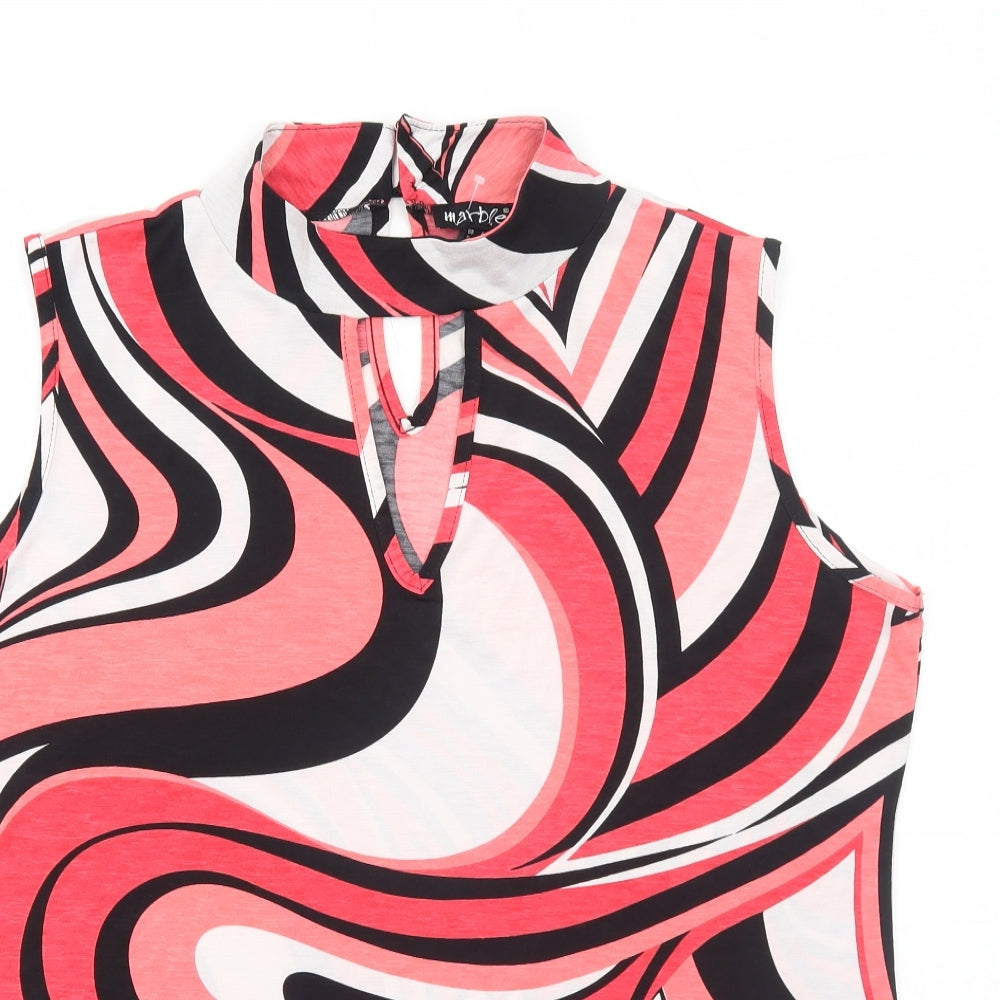 MARBLE Womens Red Geometric Polyester Basic Tank Size 4 Round Neck