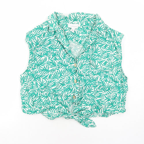 Topshop Womens Green Geometric Linen Cropped Button-Up Size 16 Collared - Knot Front