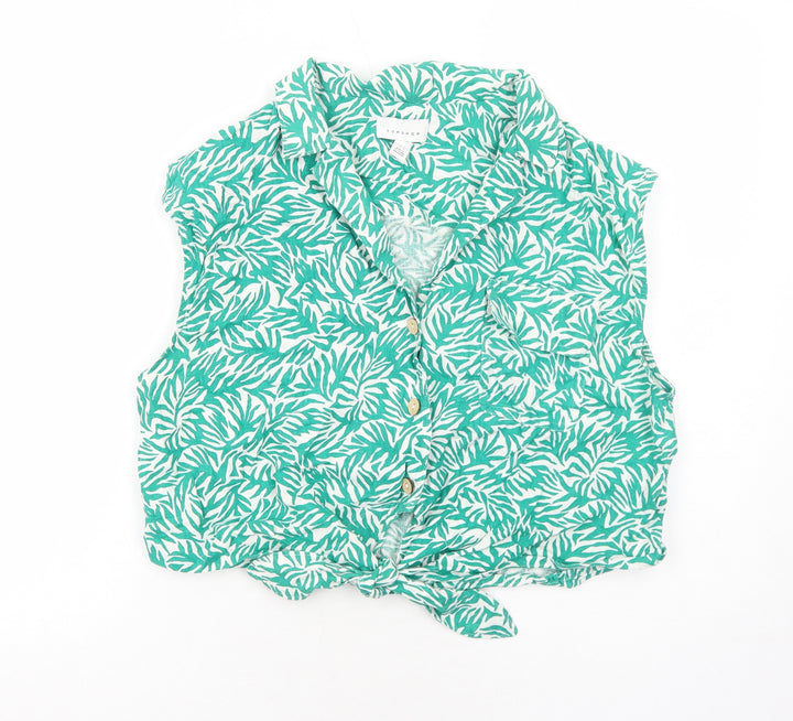 Topshop Womens Green Geometric Linen Cropped Button-Up Size 16 Collared - Knot Front