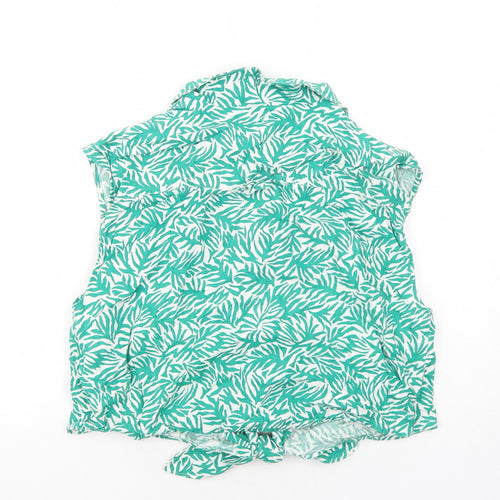 Topshop Womens Green Geometric Linen Cropped Button-Up Size 16 Collared - Knot Front
