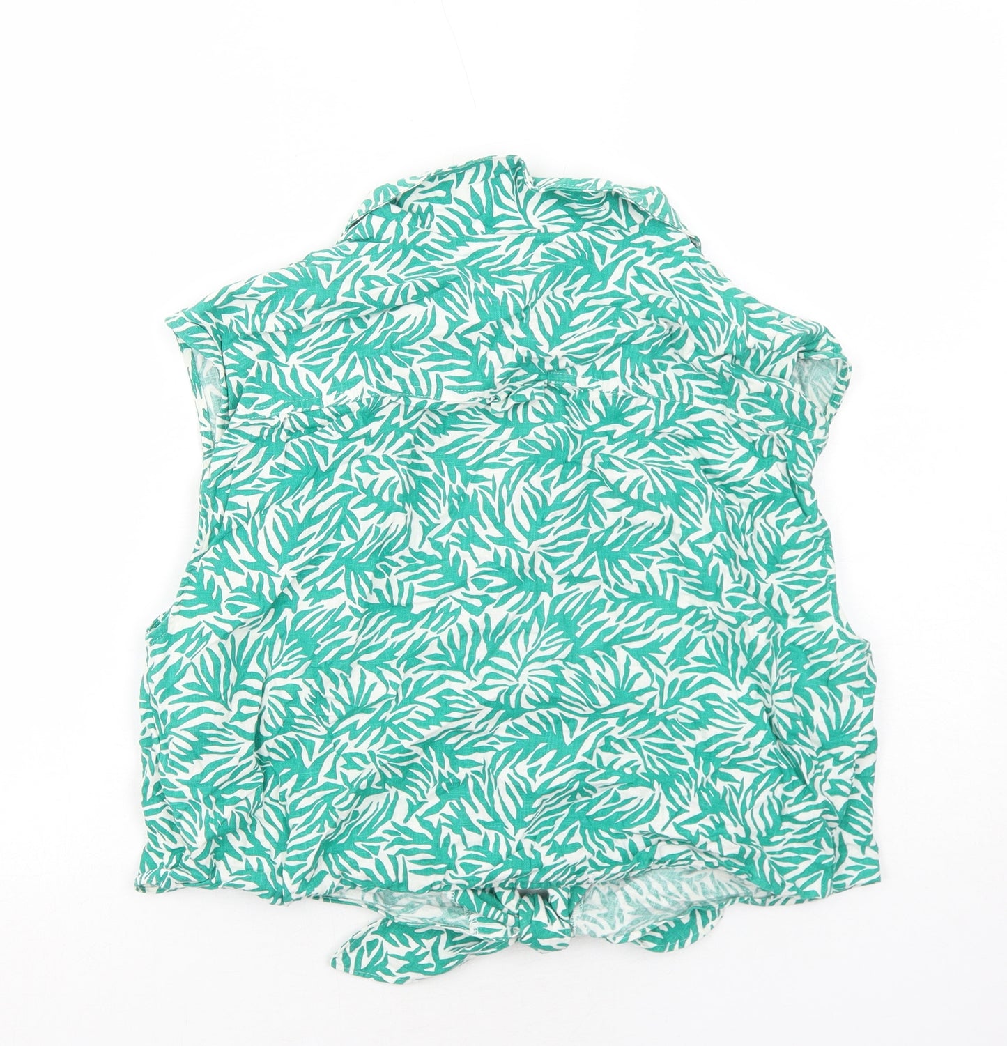 Topshop Womens Green Geometric Linen Cropped Button-Up Size 16 Collared - Knot Front
