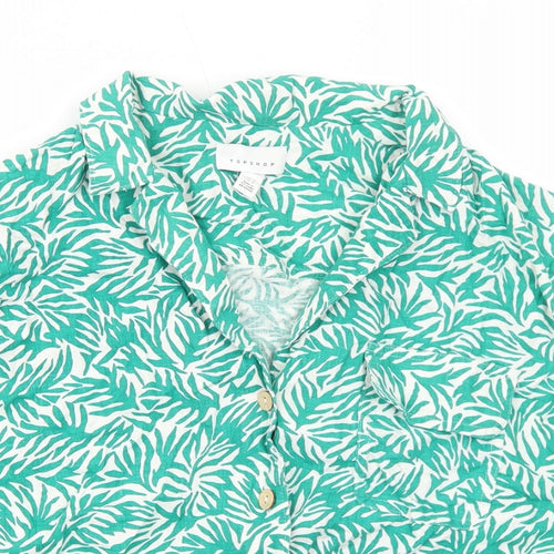 Topshop Womens Green Geometric Linen Cropped Button-Up Size 16 Collared - Knot Front