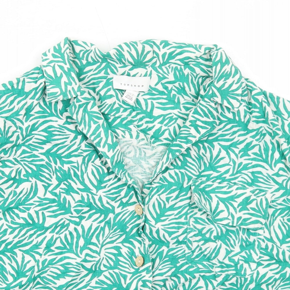Topshop Womens Green Geometric Linen Cropped Button-Up Size 16 Collared - Knot Front