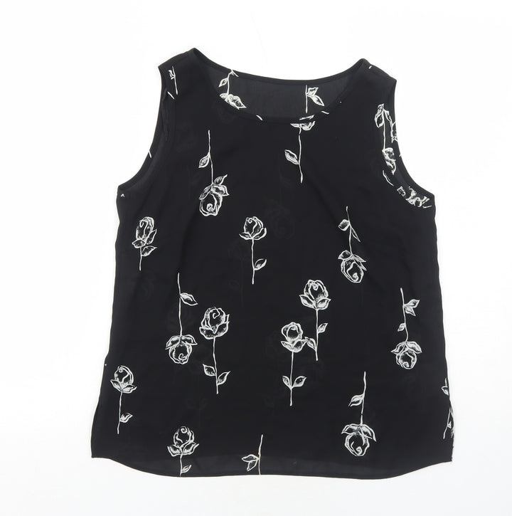 C&A Womens Black Floral Polyester Basic Tank Size 12 Round Neck