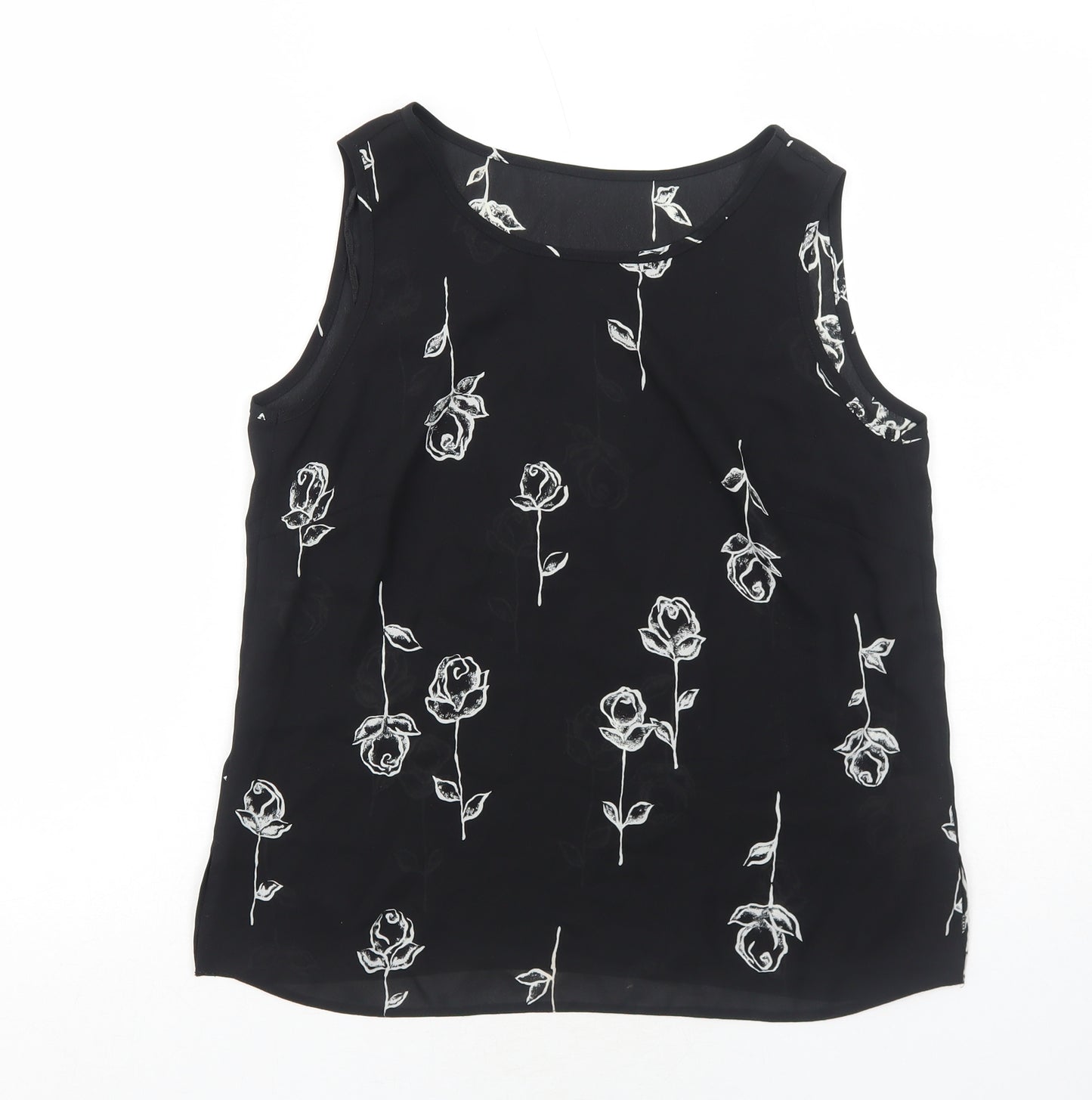C&A Womens Black Floral Polyester Basic Tank Size 12 Round Neck