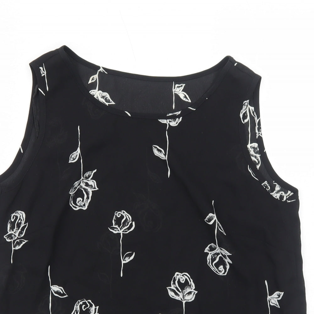 C&A Womens Black Floral Polyester Basic Tank Size 12 Round Neck