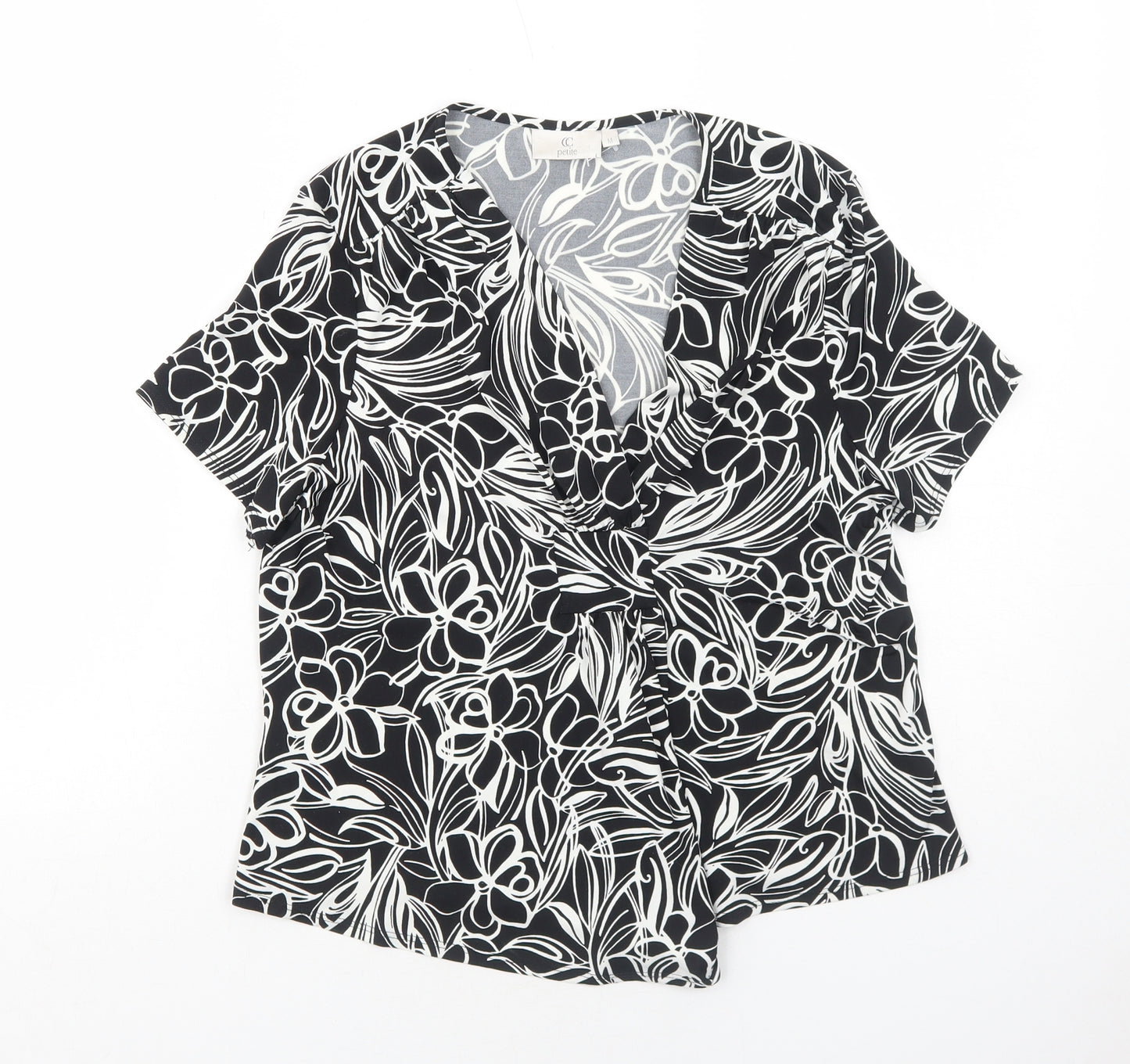 CC Womens Black Floral Polyester Basic Blouse Size M V-Neck