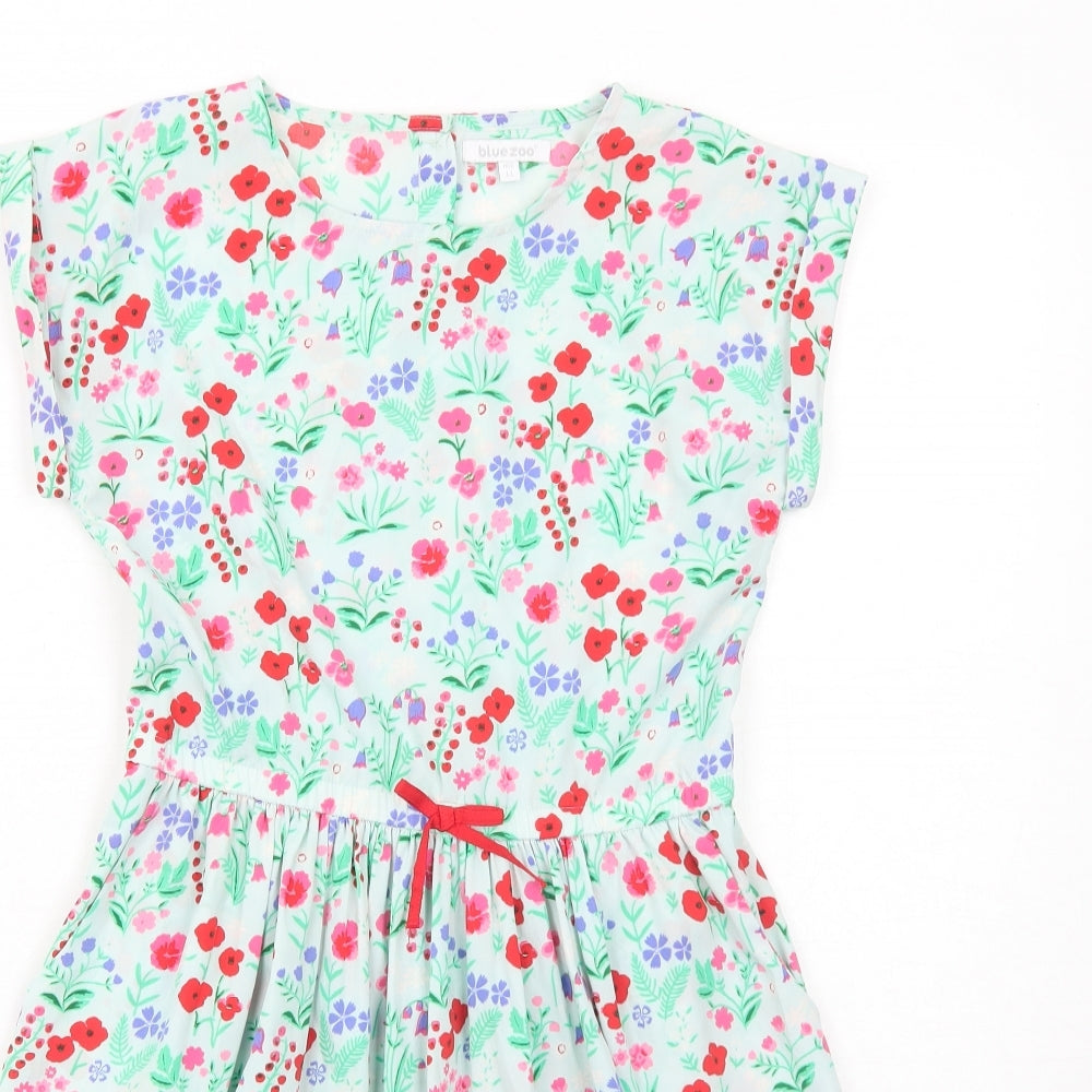 Blue Zoo Girls Green Floral Polyester T-Shirt Dress Size 11 Years Round Neck Button